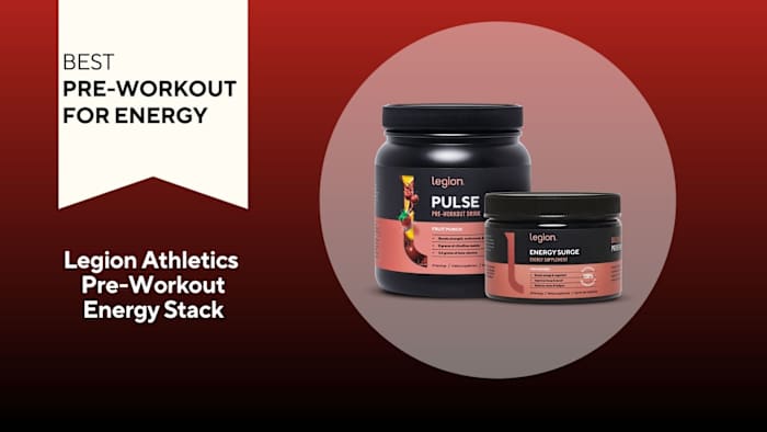 A red back ground with a white banner that says, "Best Pre-Workout for Energy" next to the black and coral colored Legion Athletics Pre-Workout Energy Stack, including the Legion Energy Surge supplement and Legion Pulse pre-workout